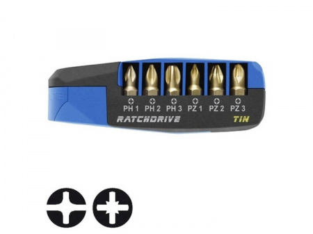 Набор бит с битодержателем WITTE RATCHDRIVE INDUSTRIE TIN PH1-3/PZ1-3/держатель/трещетка арт. 251042000
